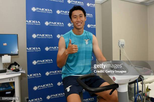 New signing Daichi Kamada of SS Lazio poses during medical tests at the Paideia International Hospital on August 04, 2023 in Rome, Italy.