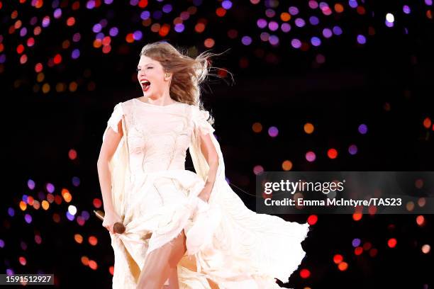 Taylor Swift performs onstage during "Taylor Swift | The Eras Tour" at SoFi Stadium on August 03, 2023 in Inglewood, California.