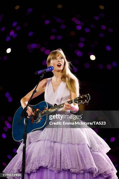 Taylor Swift performs onstage during "Taylor Swift | The Eras Tour" at SoFi Stadium on August 03, 2023 in Inglewood, California.