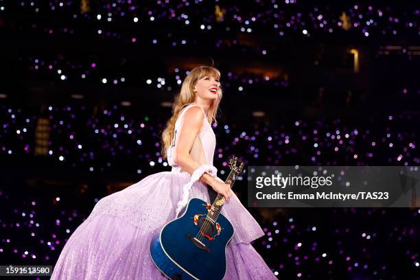 Taylor Swift performs onstage during "Taylor Swift | The Eras Tour" at SoFi Stadium on August 03, 2023 in Inglewood, California.
