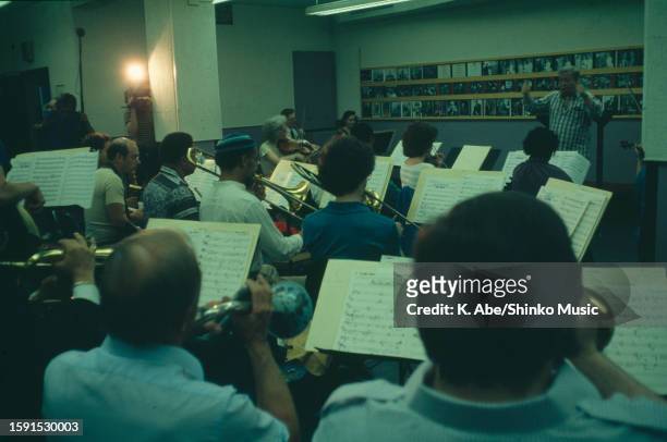 Mel Torme conducts his orchestra at a rehearsal in a studio, Local 47, Los Angeles, California, United States, June 1984.
