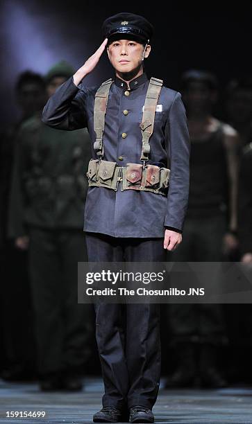 Jung Tae-Woo performs during the musical 'The Promise' press call at the National Theater of Korea Main Hall 'Hae' on January 8, 2013 in Seoul, South...