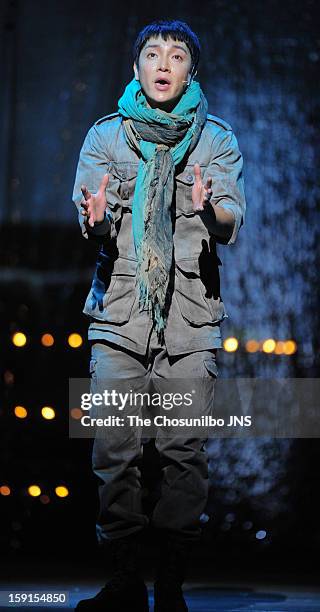 Yoon-Hak of Supernova performs during the musical 'The Promise' press call at the National Theater of Korea Main Hall 'Hae' on January 8, 2013 in...