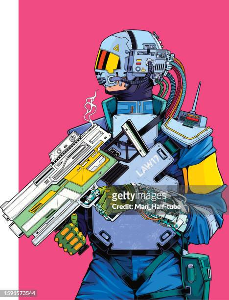cyberpunk cyborg - technology trade war stock illustrations