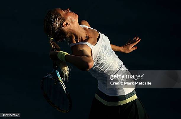 Klara Zakopalova of Czech Republic serves in her second round match against Tsvetana Pironkova of Bulgaria during day five of the Hobart...