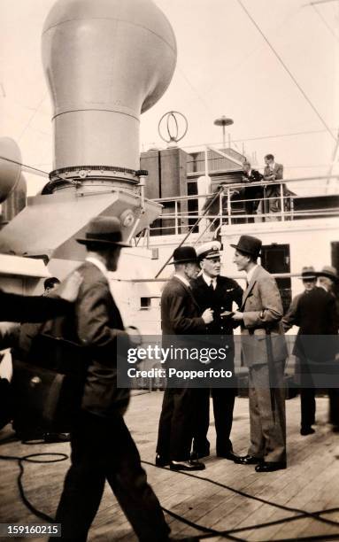 The England captain Douglas Jardine talking with officials on the deck of the RMS Orontes prior to depature from Southampton for the Ashes tour of...