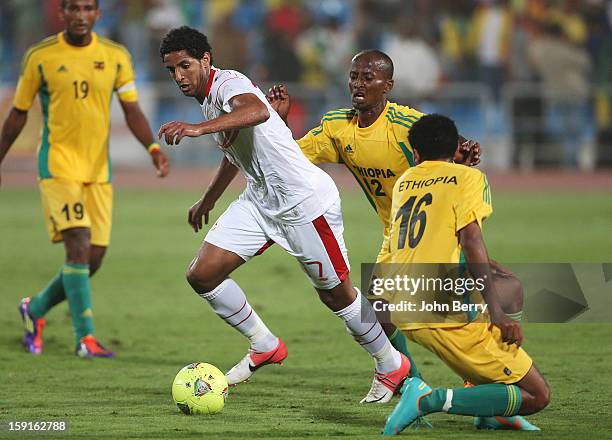 Issam Jemaa of Tunisia in action during the international friendly game between Tunisia and Ethiopia at the Al Wakrah Stadium on January 7, 2013 in...