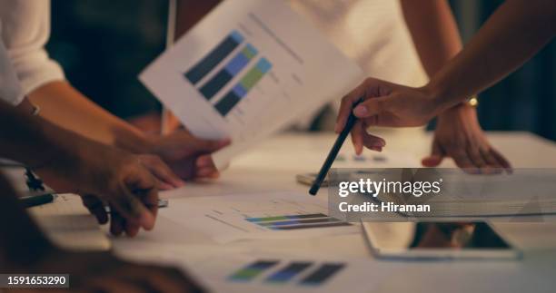 business people, meeting or hands with graphs paperwork for analysis, data analytics or report review. teamwork, collaboration closeup or employees planning charts statistics or documents at night - strategy stock pictures, royalty-free photos & images