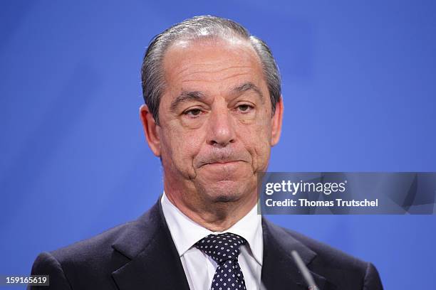 Malta's Prime Minister Lawrence Gonzi is pictured during a press conference at Chancellery with German Chancellor Angela Merkel on January 9, 2013 in...