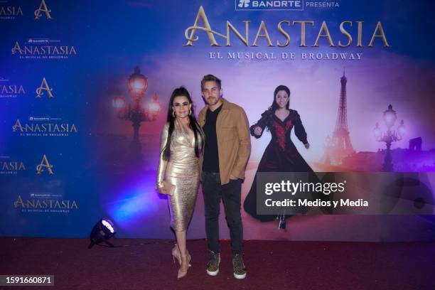 Lorena De la Garza and Jonathan Islas poses for a photo during the Red Carpet of 'Anastasia' Musical´ Premiere Night at Teatro Telcelon August 3,...