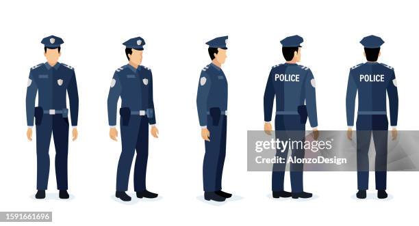 ilustraciones, imágenes clip art, dibujos animados e iconos de stock de posa un oficial de policía. personaje de hombre oficial de policía de dibujos animados que trabaja en la oficina o en posturas callejeras - uniform