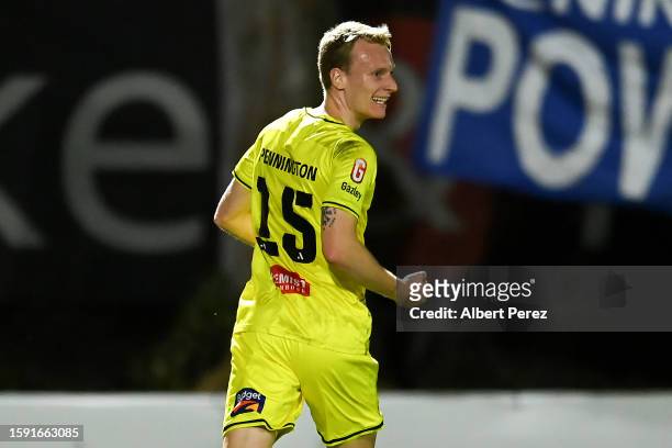 Nicholas Pennington of the Phoenix celebrates after scoring a goal during the round of 32 2023 Australia Cup match between Peninsula Power FC and...