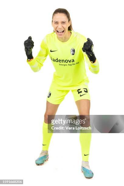 Julia Kassen poses during the team presentation of SC Freiburg Women's at Dreisamstadion on August 3, 2023 in Freiburg im Breisgau, Germany.