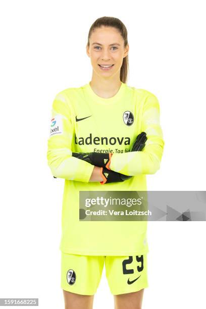 Julia Kassen poses during the team presentation of SC Freiburg Women's at Dreisamstadion on August 3, 2023 in Freiburg im Breisgau, Germany.