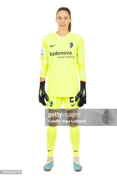 Julia Kassen poses during the team presentation of SC Freiburg Women's at Dreisamstadion on August 3, 2023 in Freiburg im Breisgau, Germany.