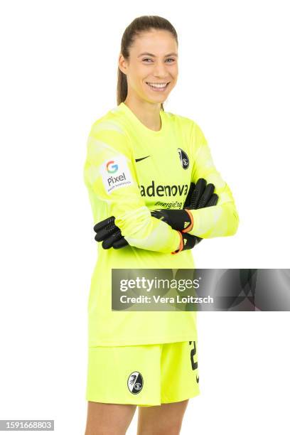 Julia Kassen poses during the team presentation of SC Freiburg Women's at Dreisamstadion on August 3, 2023 in Freiburg im Breisgau, Germany.