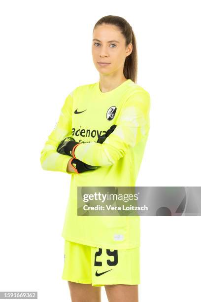 Julia Kassen poses during the team presentation of SC Freiburg Women's at Dreisamstadion on August 3, 2023 in Freiburg im Breisgau, Germany.