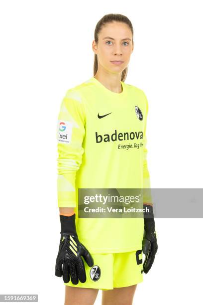 Julia Kassen poses during the team presentation of SC Freiburg Women's at Dreisamstadion on August 3, 2023 in Freiburg im Breisgau, Germany.