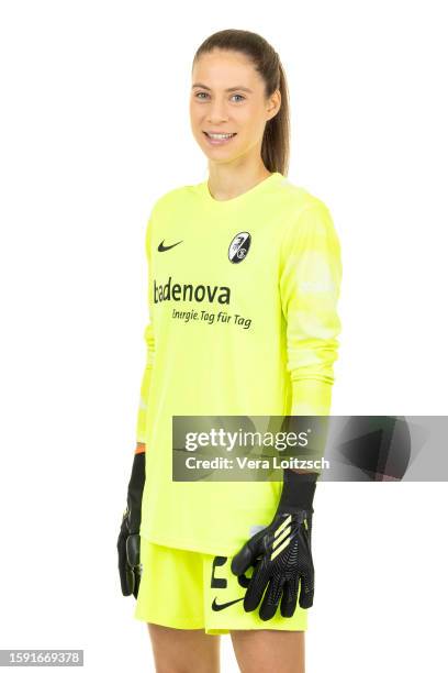 Julia Kassen poses during the team presentation of SC Freiburg Women's at Dreisamstadion on August 3, 2023 in Freiburg im Breisgau, Germany.