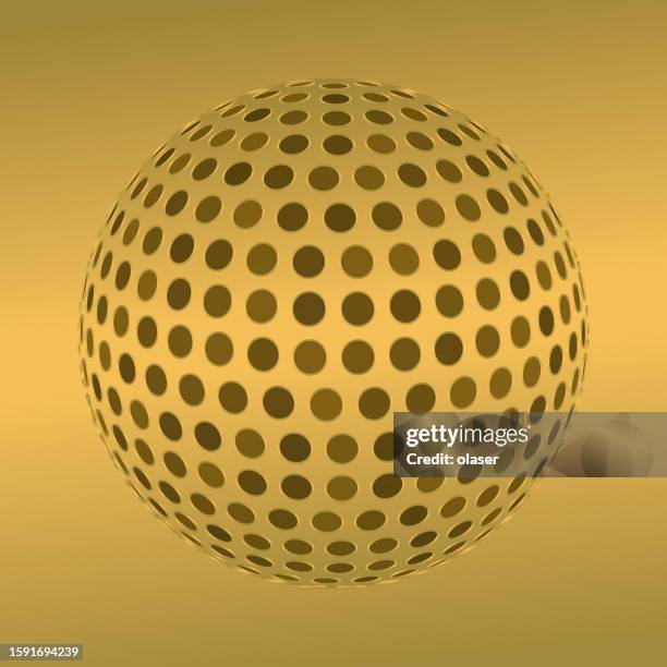 3d globe covered by large circles, with perspective. golden colors. - golf ball pattern stock illustrations
