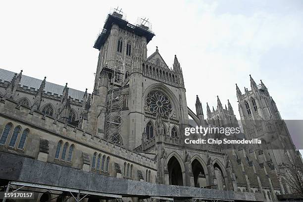 Construction platforms are still visible as earthquake damage repair continues at the Washington National Cathedral January 9, 2013 in Washington,...