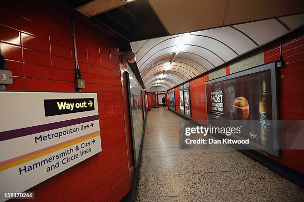 Passengers walks for a train at Baker Street Underground Station on January 9, 2013 in London, England. The London Underground commonly called the...