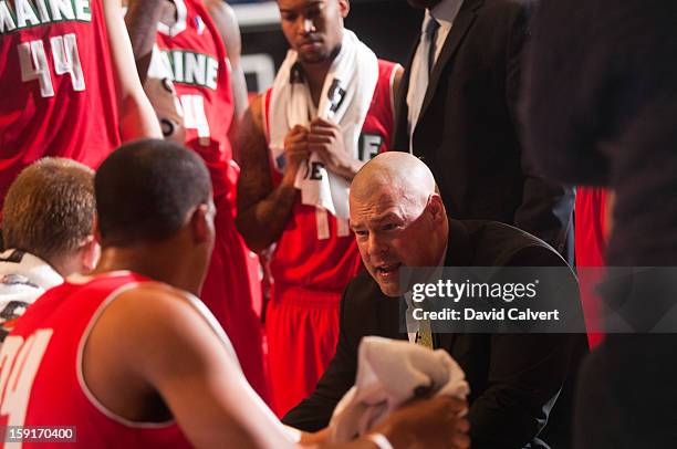 Maine Red Claws head coach Mike Taylor during a timeout against the Tulsa 66ers during the 2013 NBA D-League Showcase on January 7, 2013 at the Reno...