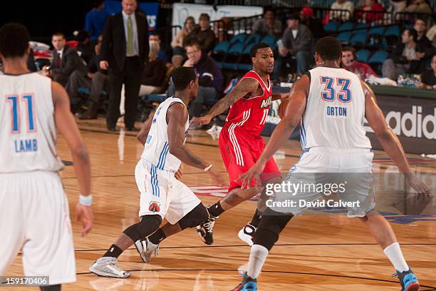 Hank Thorns of the Maine Red Claws dribbles the ball up court against the Tulsa 66ers during the 2013 NBA D-League Showcase on January 7, 2013 at the...