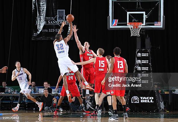 Hollis Thompson of the Tulsa 66ers shoots the ball over the entire Maine Red Claws team during the 2013 NBA D-League Showcase on January 8, 2013 at...