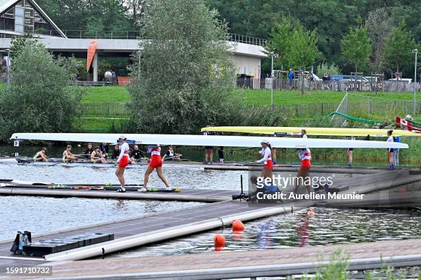 View of atmosphere as teams are getting ready for competition during the World Rowing Under 19 Championships at Vaires-sur-Marne Neutical Stadium on...