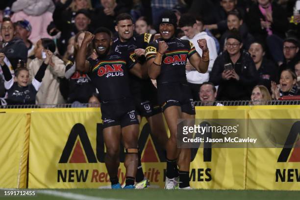 Stephen Crichton of the Panthers /csduring the round 23 NRL match between Penrith Panthers and Melbourne Storm at BlueBet Stadium on August 04, 2023...