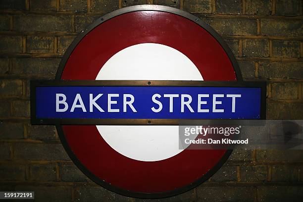 Ageneral view of a sign inside Baker Street Underground Station on January 9, 2013 in London, England. Baker Street Station shares the 150th...