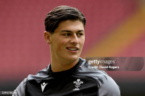 Louis Rees-Zammit looks on during the Wales Captain's Run ahead of the Summer International match between Wales and England at the Principality...