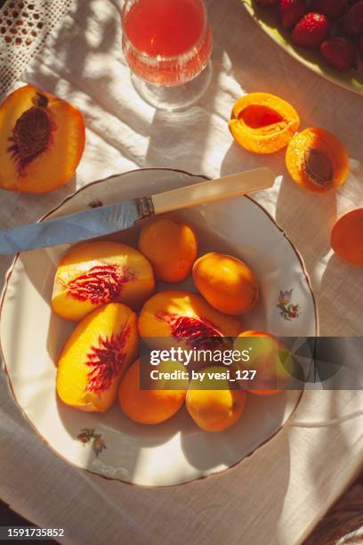 still life with fruit - peaches and apricots in the summer sun - aprikos bildbanksfoton och bilder