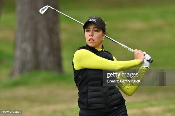 England's Georgia Hall watches her approach shot from the 1st fairway on day 2 of the 2023 Women's British Open Golf Championship at Walton Heath...