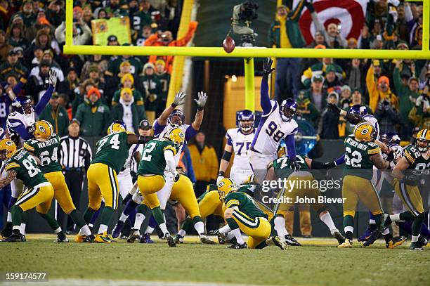 Playoffs: Rear view of Green Bay Packers Mason Crosby in action, kicking vs Minnesota Vikings at Lambeau Field. Green Bay, WI 1/5/2013 CREDIT: John...