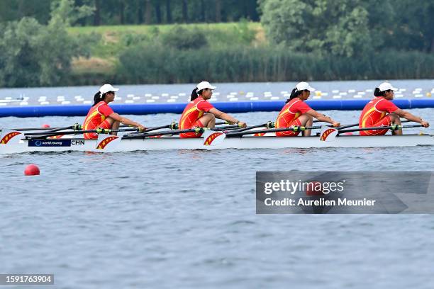 Yan Yang, Rongyu Li, Hanlin Xiang, Yuhan Lu of China compete in the Women's Quadruple Sculls during the World Rowing Under 19 Championships at...