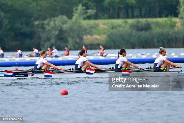 Luna Kuiper, Sarah Ruger, Amely Carriere and Teuntje Mollee of The Netherlands compete in the Women's Quadruple Sculls during the World Rowing Under...