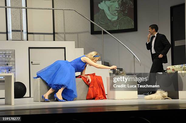 Maria Furtwaengler performs during the 'Geruechte...Geruechte...' photo rehearsal at Komoedie am Kurfuerstendamm Theater on January 9, 2013 in...