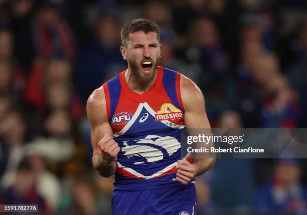 Marcus Bontempelli of the Bulldogs celebrates after scoring a goal during the round 21 AFL match between Western Bulldogs and Richmond Tigers at...