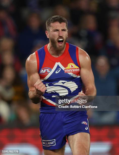 Marcus Bontempelli of the Bulldogs celebrates after scoring a goal during the round 21 AFL match between Western Bulldogs and Richmond Tigers at...