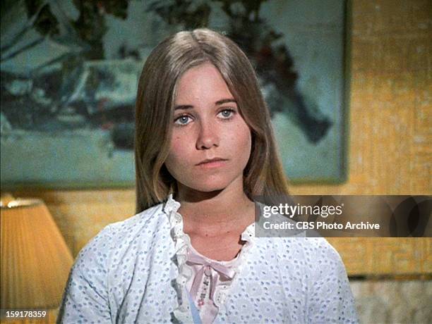 Maureen McCormick as Marcia Brady in THE BRADY BUNCH episode, "Pass The Tabu." Original air date September 29, 1972. Image is a screen grab.