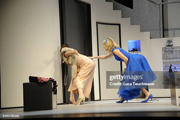 Maria Furtwaengler and Nicole Marischka performs during the 'Geruechte...Geruechte...' photo rehearsal at Komoedie am Kurfuerstendamm Theater on...