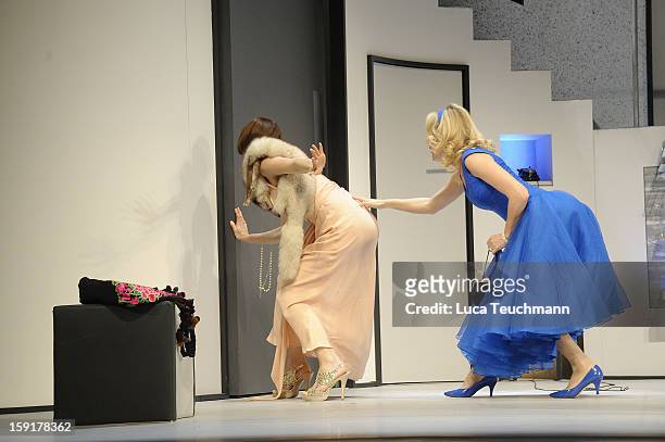 Maria Furtwaengler and Nicole Marischka performs during the 'Geruechte...Geruechte...' photo rehearsal at Komoedie am Kurfuerstendamm Theater on...