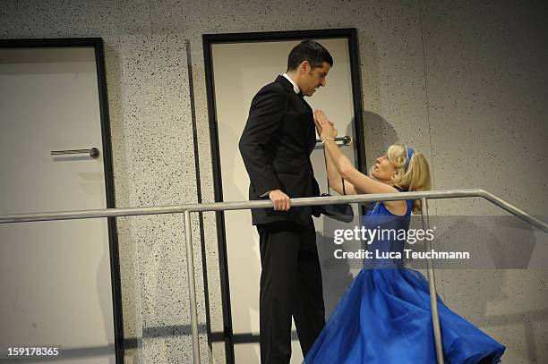 Maria Furtwaengler and Pasquale Aleardi perform during the 'Geruechte...Geruechte...' photo rehearsal at Komoedie am Kurfuerstendamm Theater on...