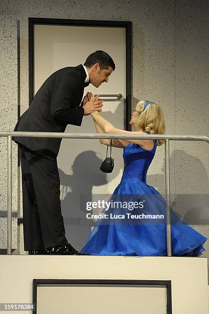 Maria Furtwaengler and Pasquale Aleardi perform during the 'Geruechte...Geruechte...' photo rehearsal at Komoedie am Kurfuerstendamm Theater on...