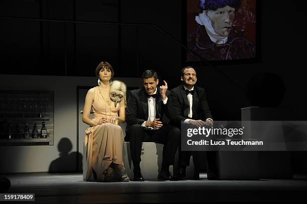 Nicole Marischka, Pasquale Aleardi and Urs Staempfli performs during the 'Geruechte...Geruechte...' photo rehearsal at Komoedie am Kurfuerstendamm...