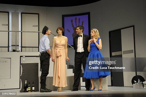 Nicole Marischka;Pasquale Aleardi and Maria Furtwaengler performs during the 'Geruechte...Geruechte...' photo rehearsal at Komoedie am...