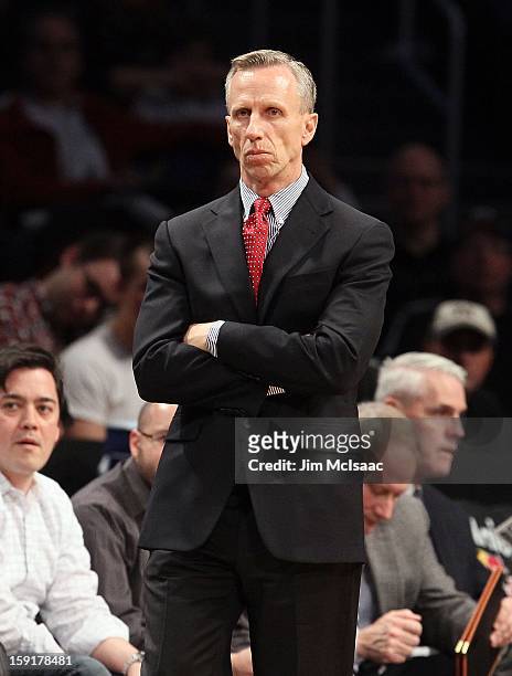 Head coach Mike Dunlap of the Charlotte Bobcats in action against the Brooklyn Nets at Barclays Center on December 28, 2012 in the Brooklyn borough...