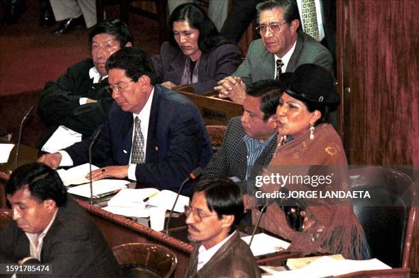 Remedio Loza speaks during an extra session of Congress, 04 October 2000, in La Paz, Bolivia. The government and the unions are trying to reach an...